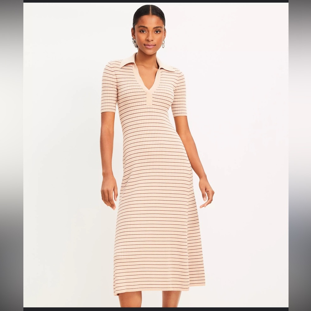 LOFT Striped Ribbed Collared Midi Sweater Dress With Collar
